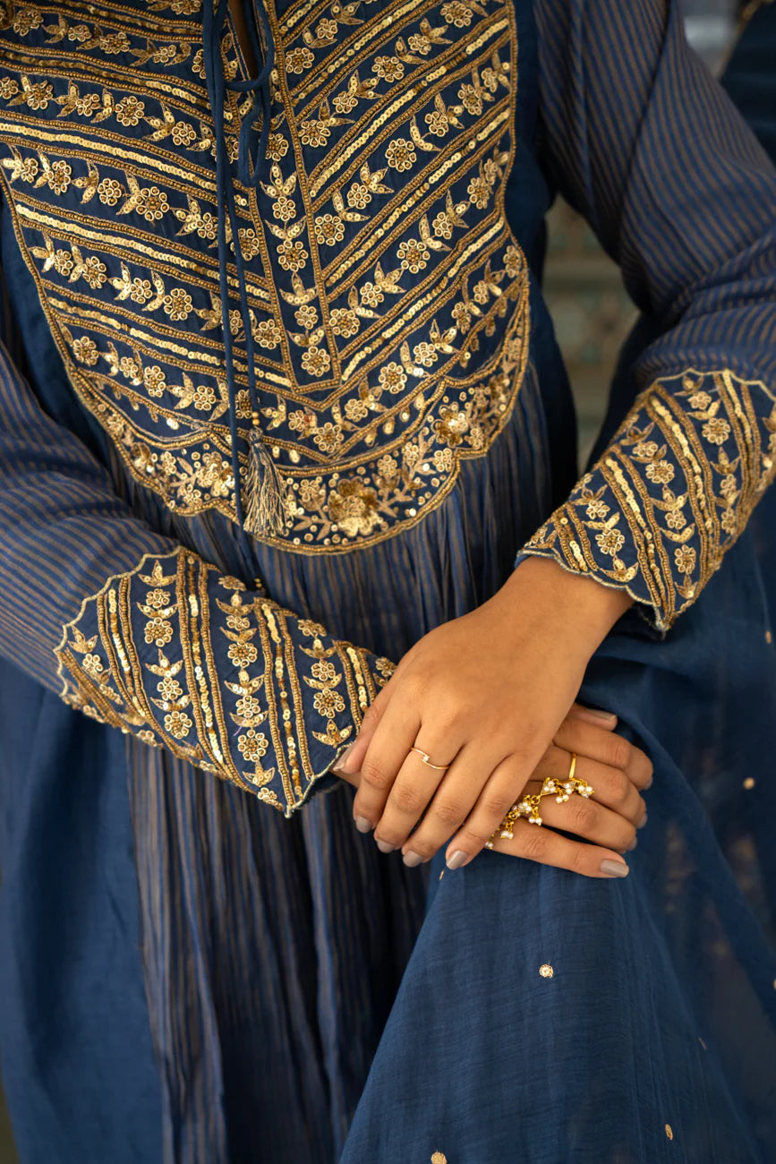 Mid night blue Tissue centre gathered A-line Kurta Set