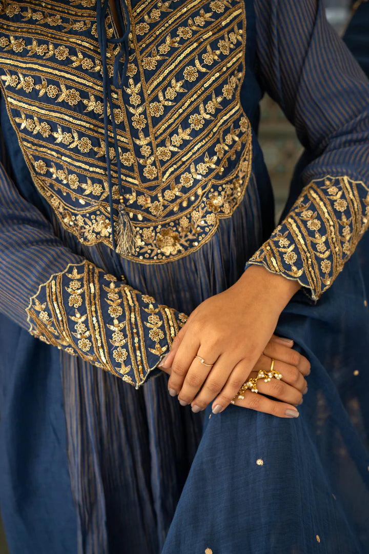 Mid night blue Tissue centre gathered A-line Kurta Set