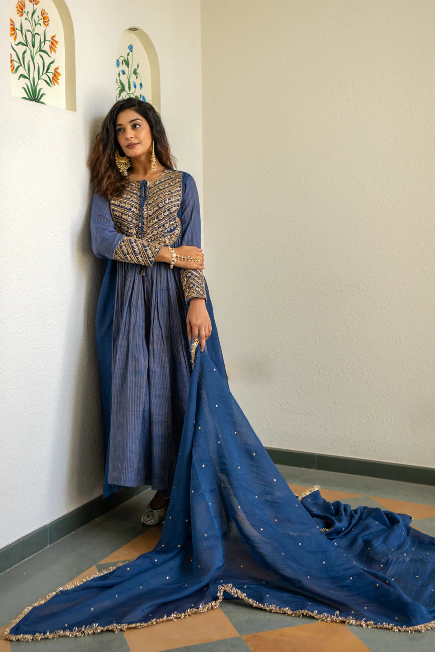 Mid night blue Tissue centre gathered A-line Kurta Set