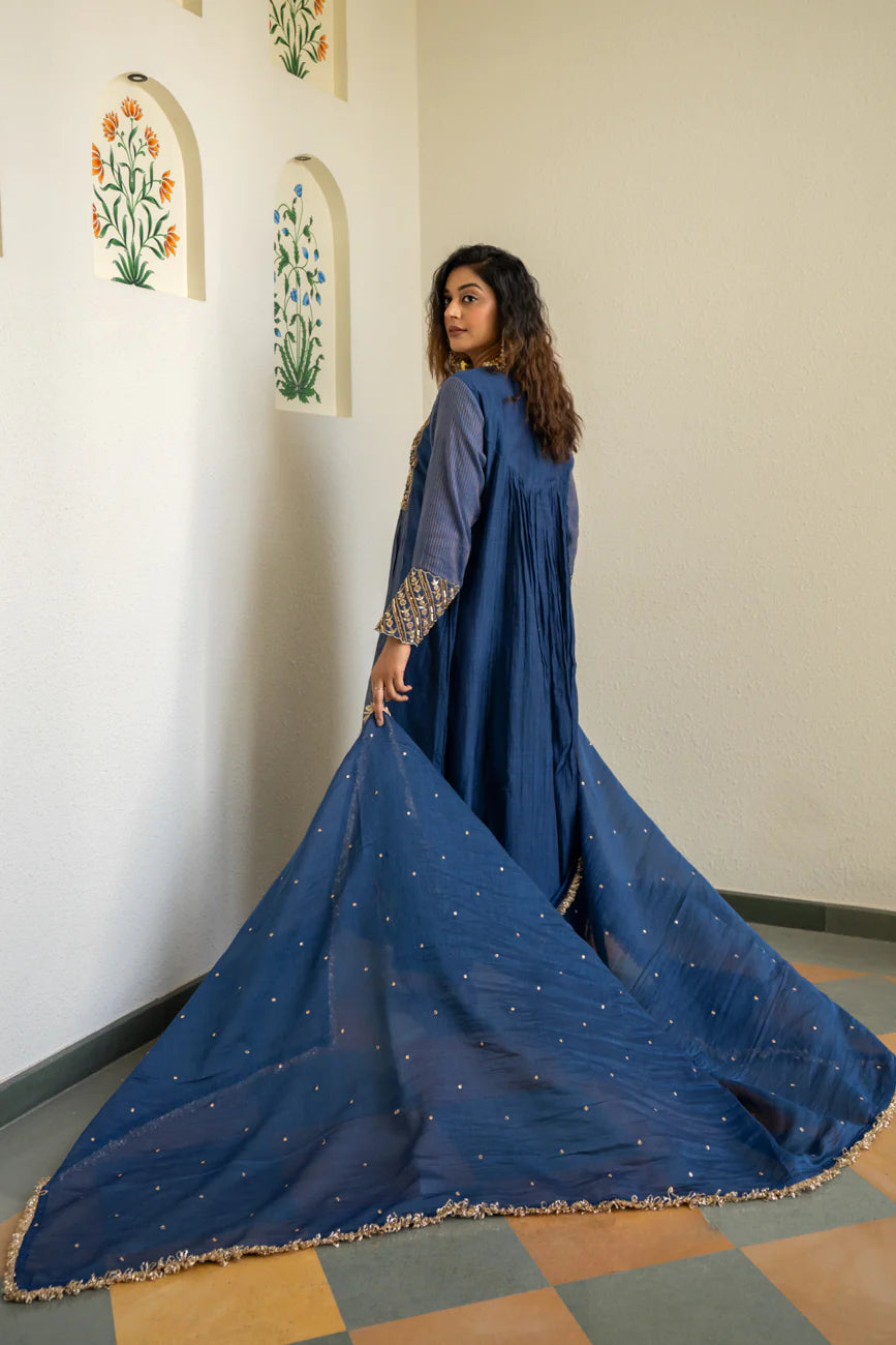 Mid night blue Tissue centre gathered A-line Kurta Set