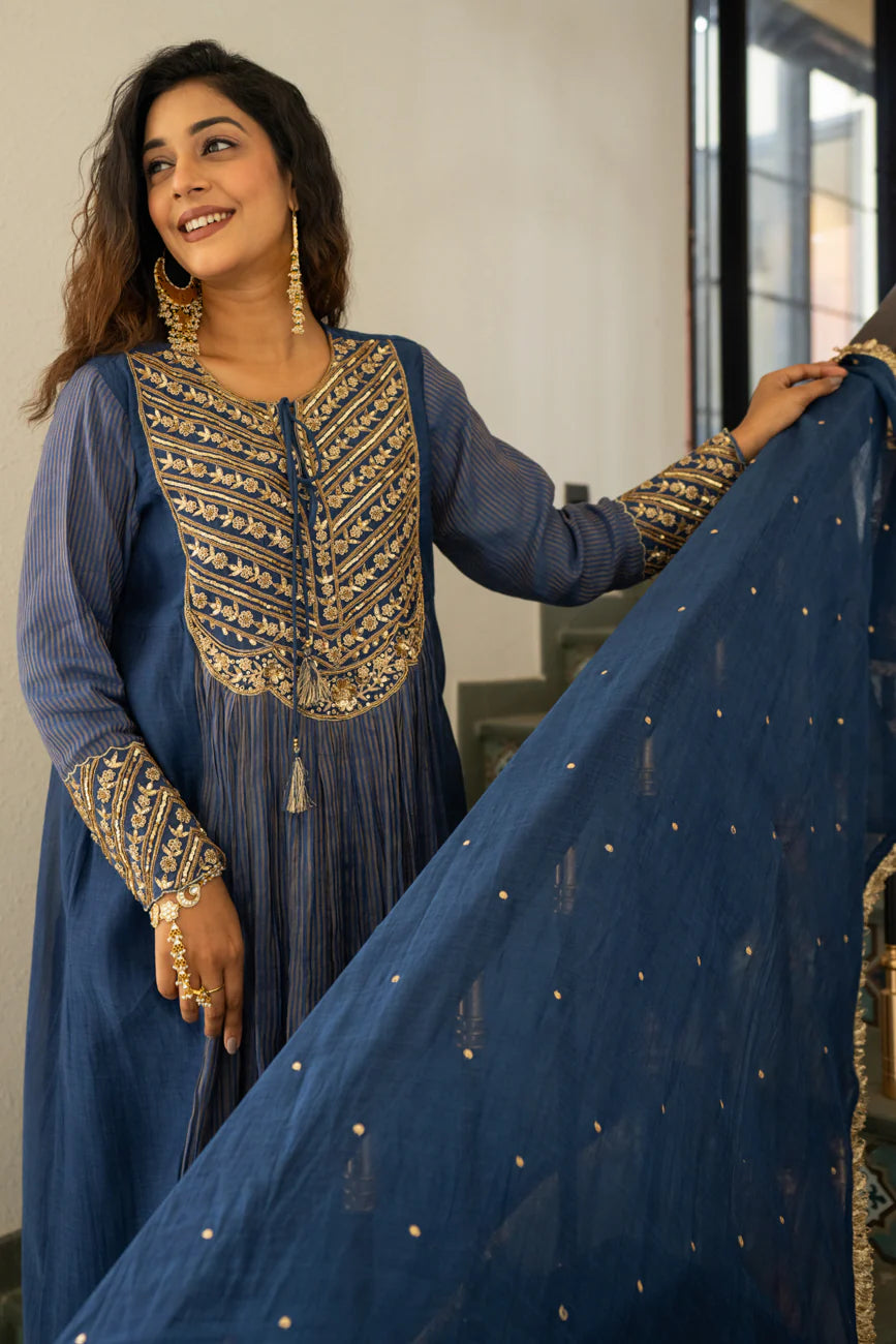 Mid night blue Tissue centre gathered A-line Kurta Set