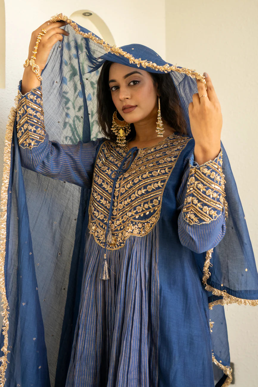 Mid night blue Tissue centre gathered A-line Kurta Set