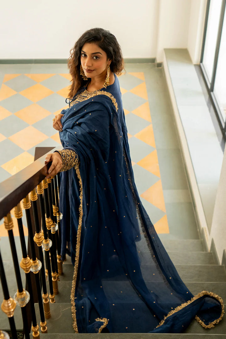 Mid night blue Tissue centre gathered A-line Kurta Set