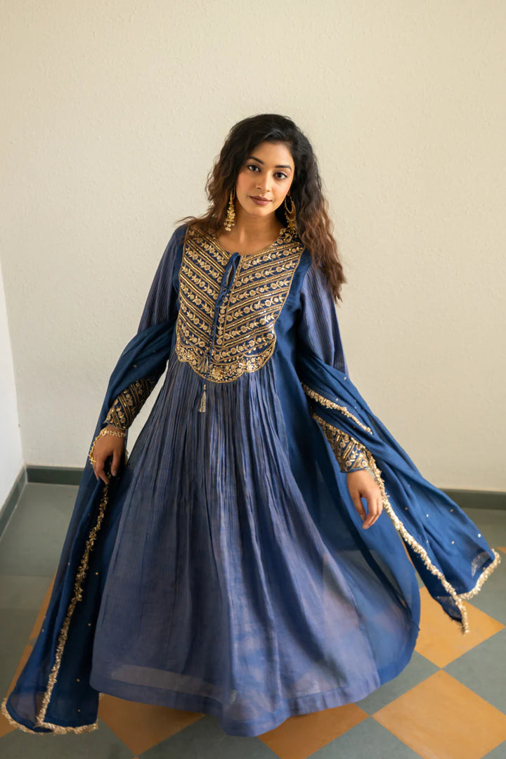 Mid night blue Tissue centre gathered A-line Kurta Set