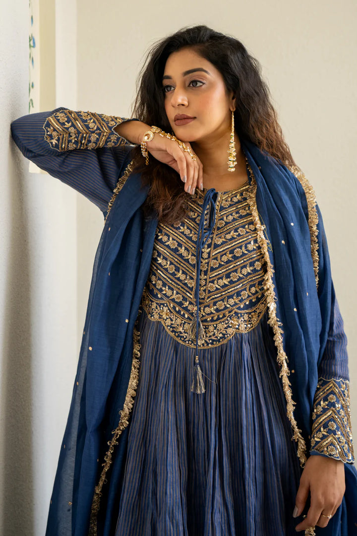 Mid night blue Tissue centre gathered A-line Kurta Set