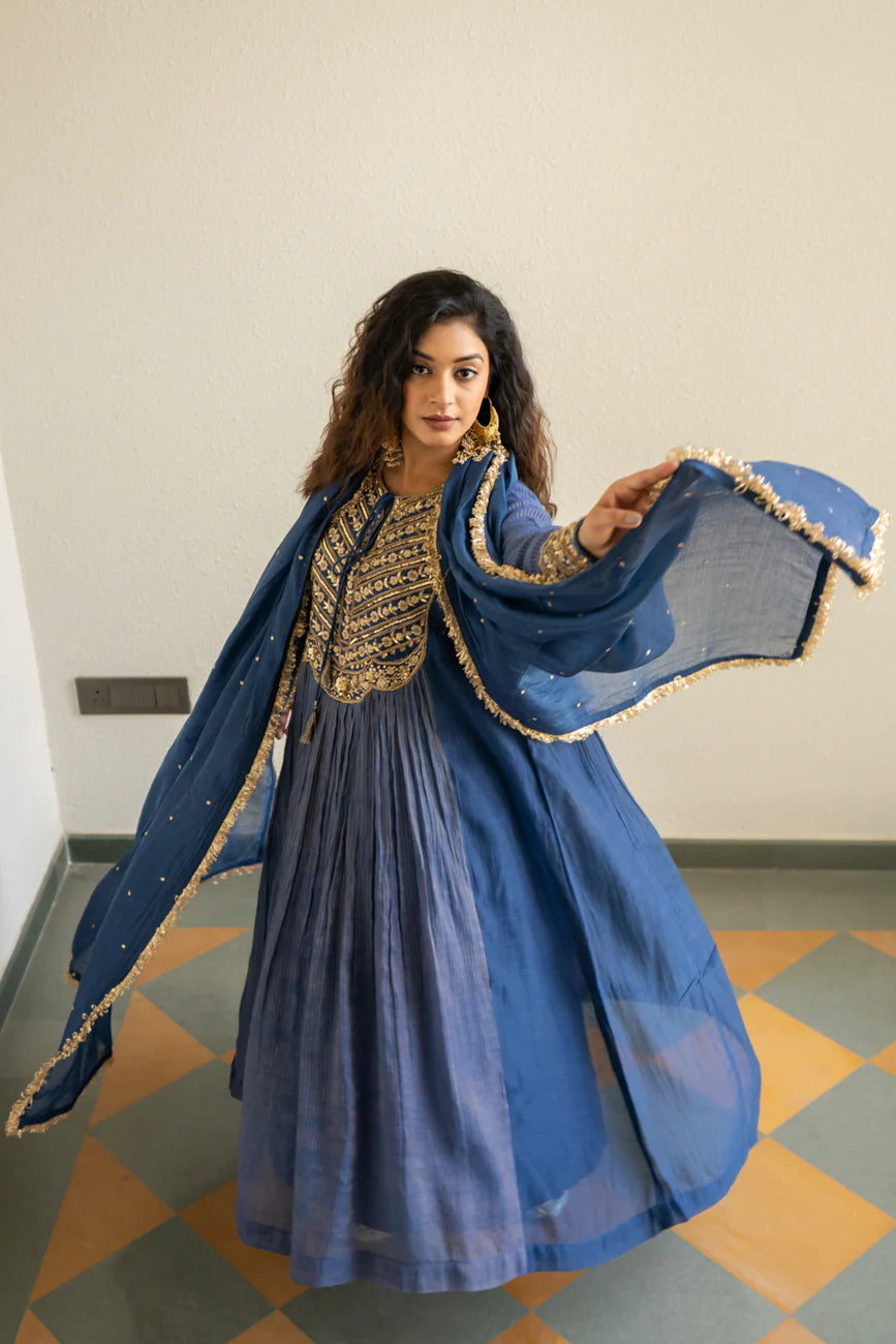 Mid night blue Tissue centre gathered A-line Kurta Set