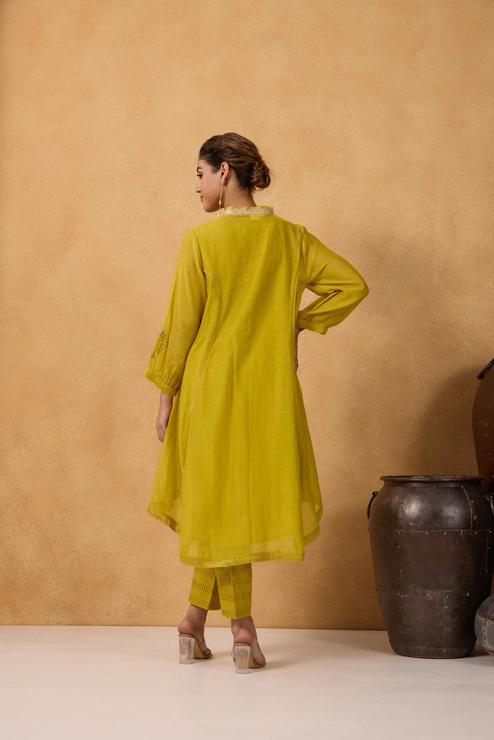 Mul Chanderi High-Low Kurta with V Neck and Tissue Pants in Lime-Green