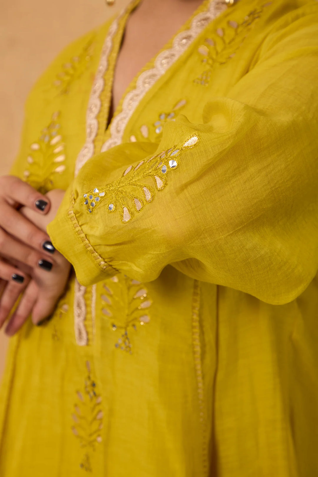 Mul Chanderi High-Low Kurta with V Neck and Tissue Pants in Lime-Green