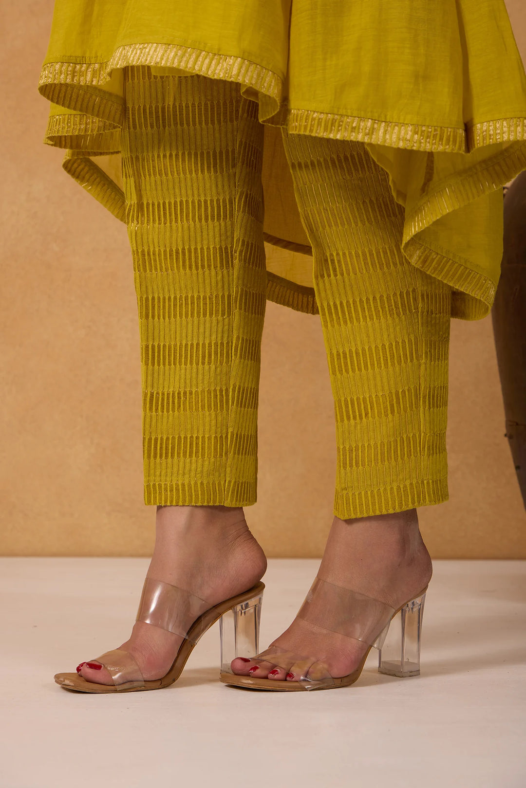 Mul Chanderi High-Low Kurta with V Neck and Tissue Pants in Lime-Green