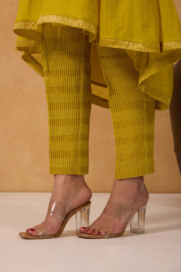 Mul Chanderi High-Low Kurta with V Neck and Tissue Pants in Lime-Green