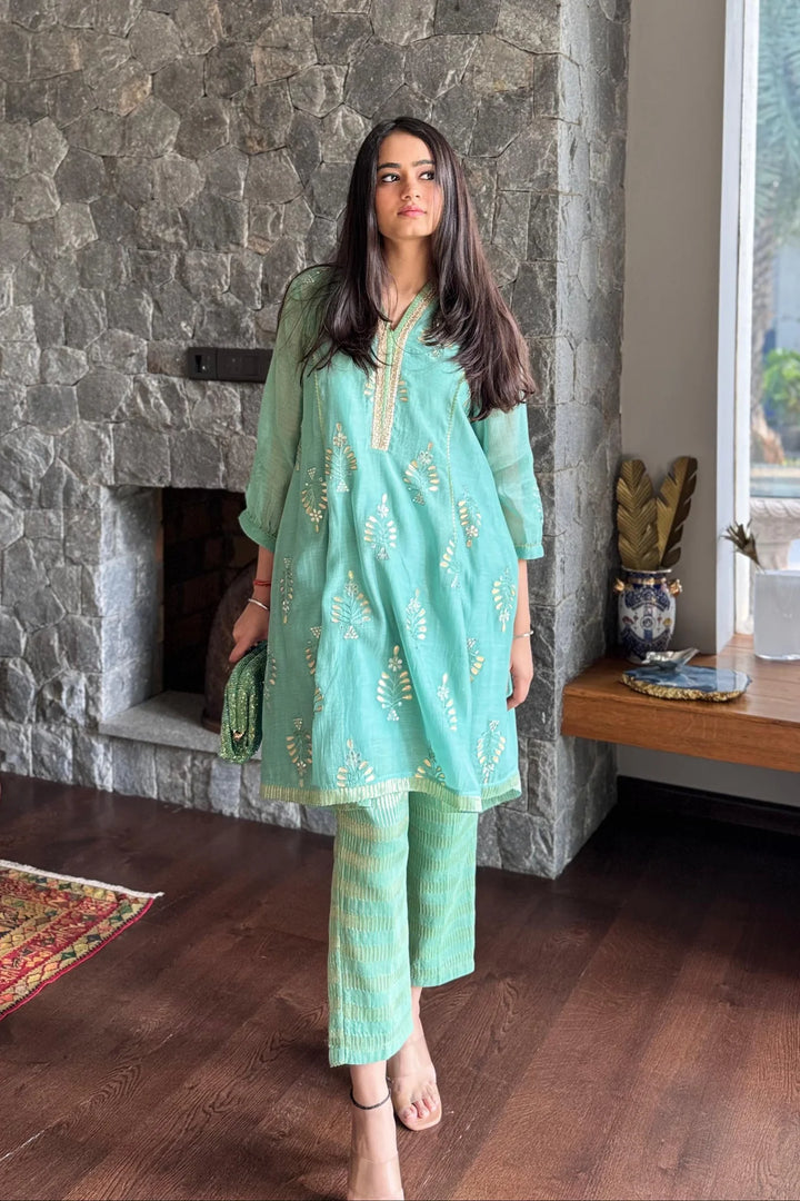Mul Chanderi High-Low Kurta with Gota Floral Embroidery and Tissue Pants in Aqua Blue
