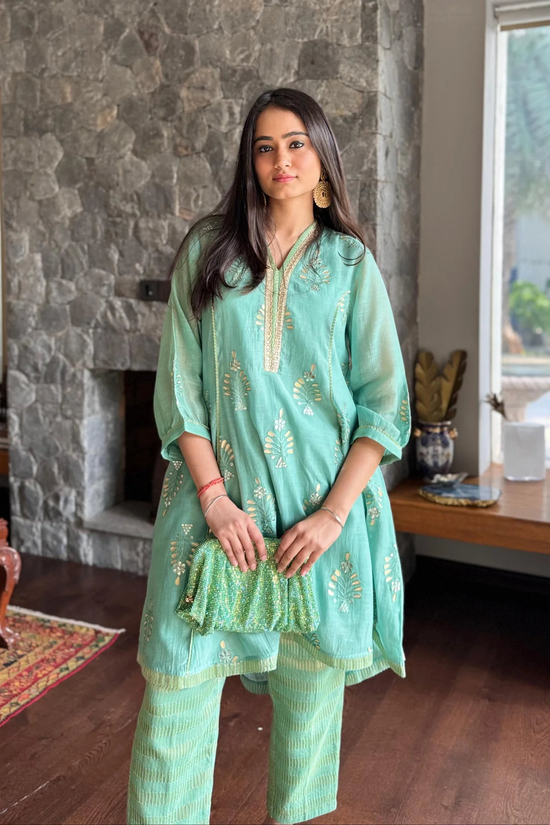 Mul Chanderi High-Low Kurta with Gota Floral Embroidery and Tissue Pants in Aqua Blue