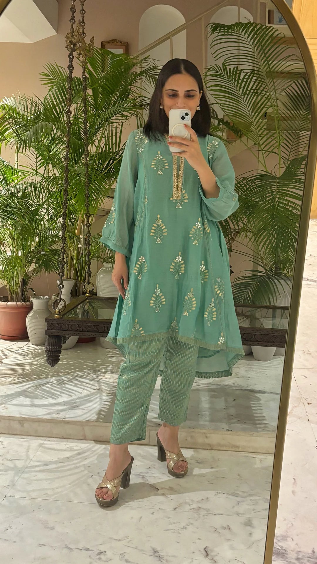 Mul Chanderi High-Low Kurta with Gota Floral Embroidery and Tissue Pants in Aqua Blue