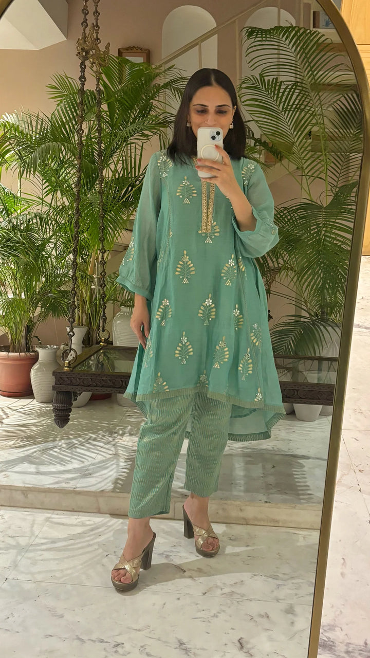 Mul Chanderi High-Low Kurta with Gota Floral Embroidery and Tissue Pants in Aqua Blue