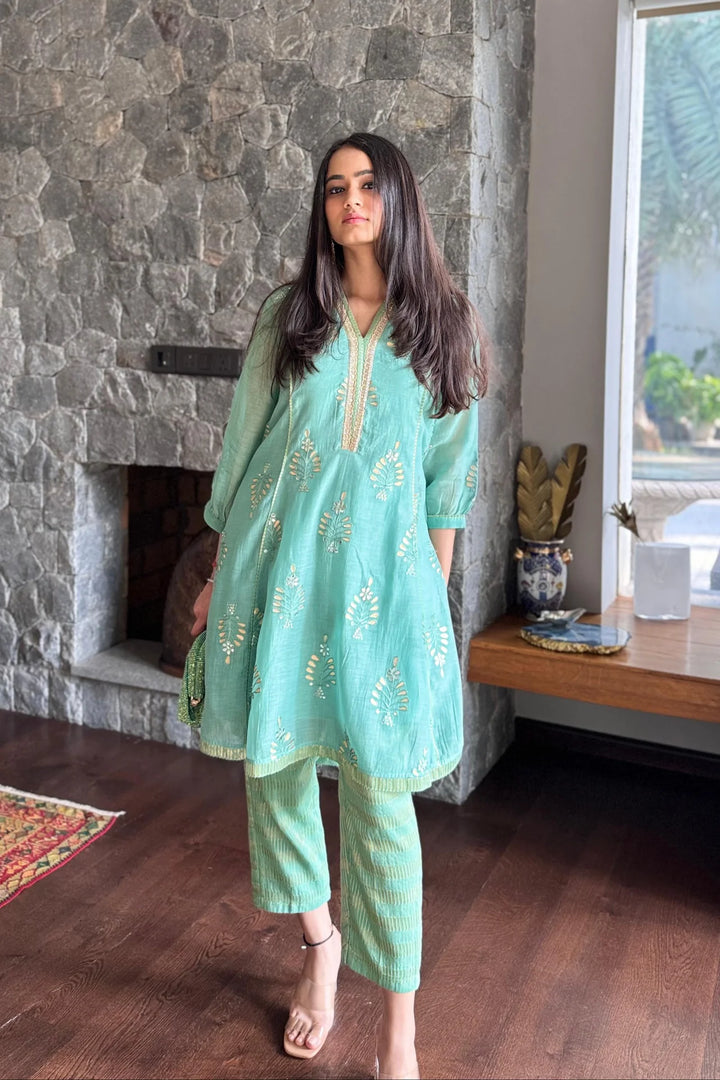 Mul Chanderi High-Low Kurta with Gota Floral Embroidery and Tissue Pants in Aqua Blue