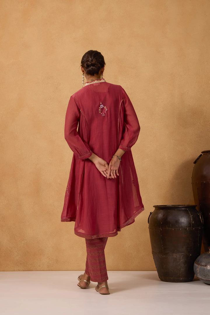 Mul Chanderi High-Low Kurta with Gota Floral Embroidery and Tissue Pants in Brick-Red