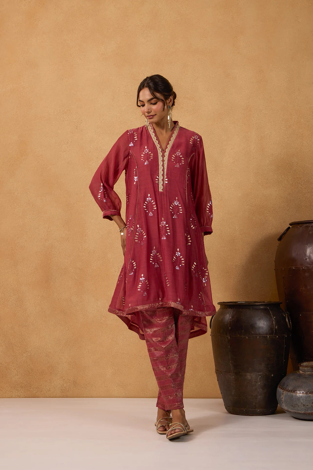 Mul Chanderi High-Low Kurta with Gota Floral Embroidery and Tissue Pants in Brick-Red