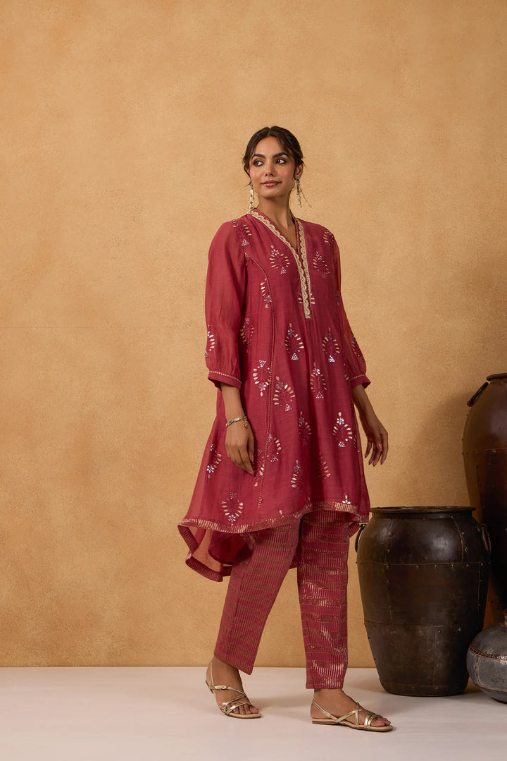 Mul Chanderi High-Low Kurta with Gota Floral Embroidery and Tissue Pants in Brick-Red