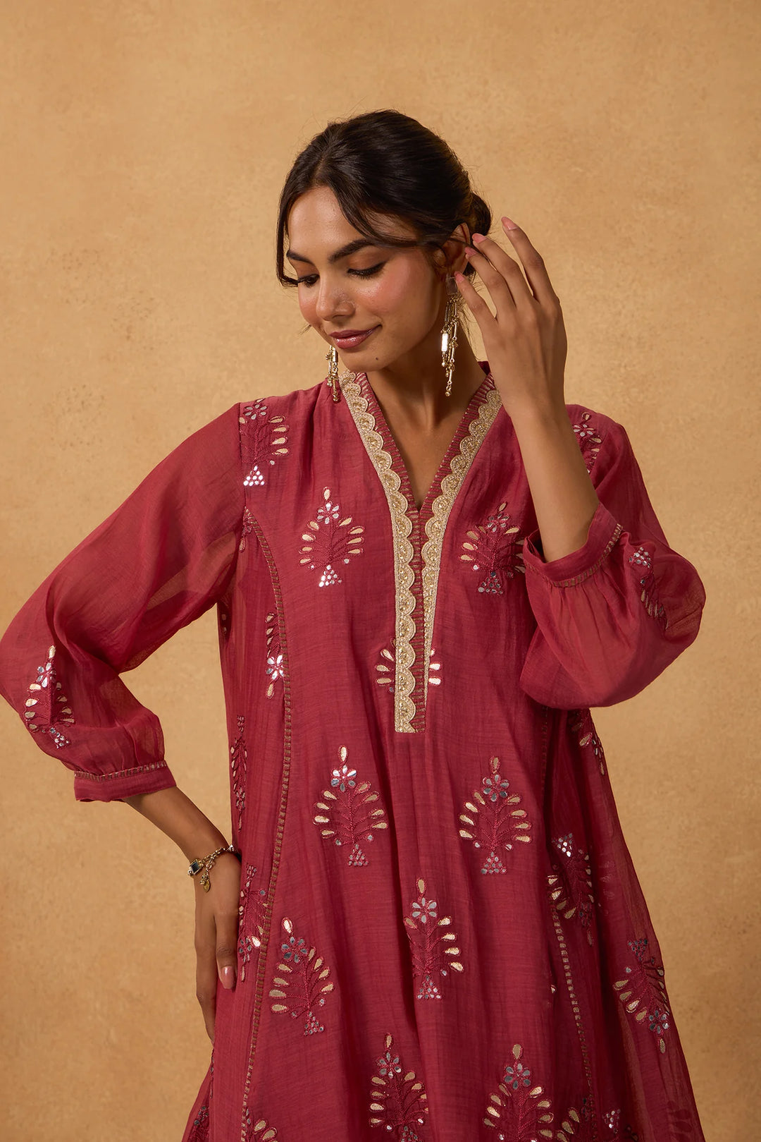Mul Chanderi High-Low Kurta with Gota Floral Embroidery and Tissue Pants in Brick-Red