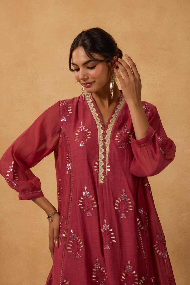 Mul Chanderi High-Low Kurta with Gota Floral Embroidery and Tissue Pants in Brick-Red