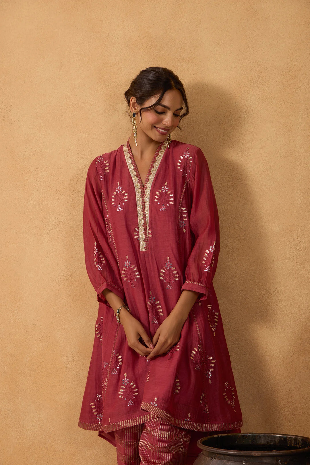 Mul Chanderi High-Low Kurta with Gota Floral Embroidery and Tissue Pants in Brick-Red