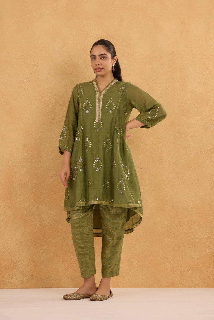 Mul Chanderi High-Low Kurta with Gota Floral Embroidery and Tissue Pants in Forest Green