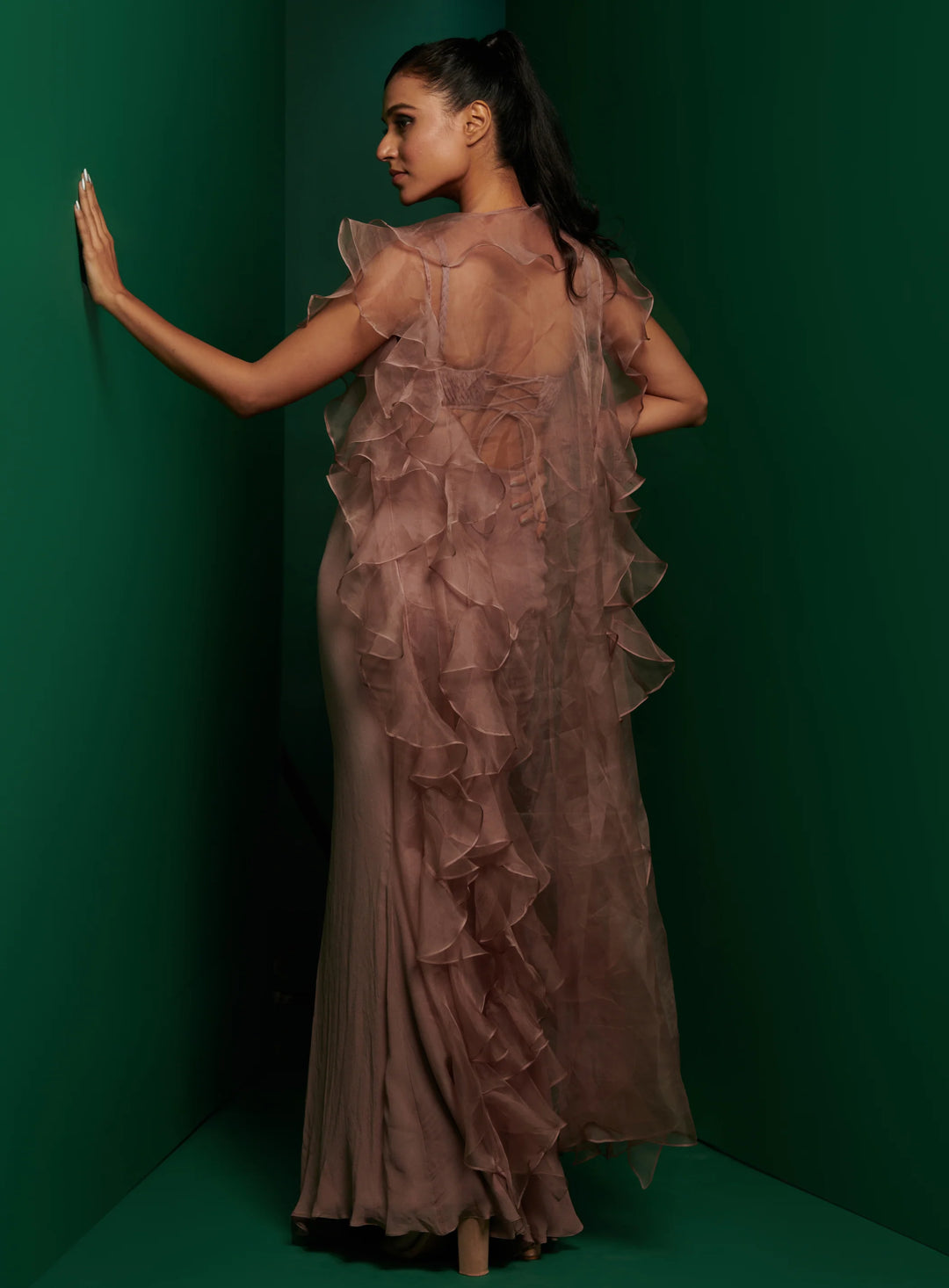 Mauve Corset Top with Front Knot Skirt and Ruffle Jacket