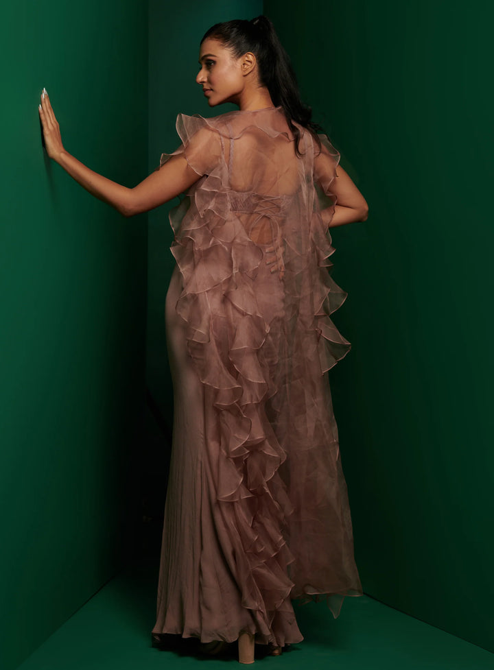 Mauve Corset Top with Front Knot Skirt and Ruffle Jacket