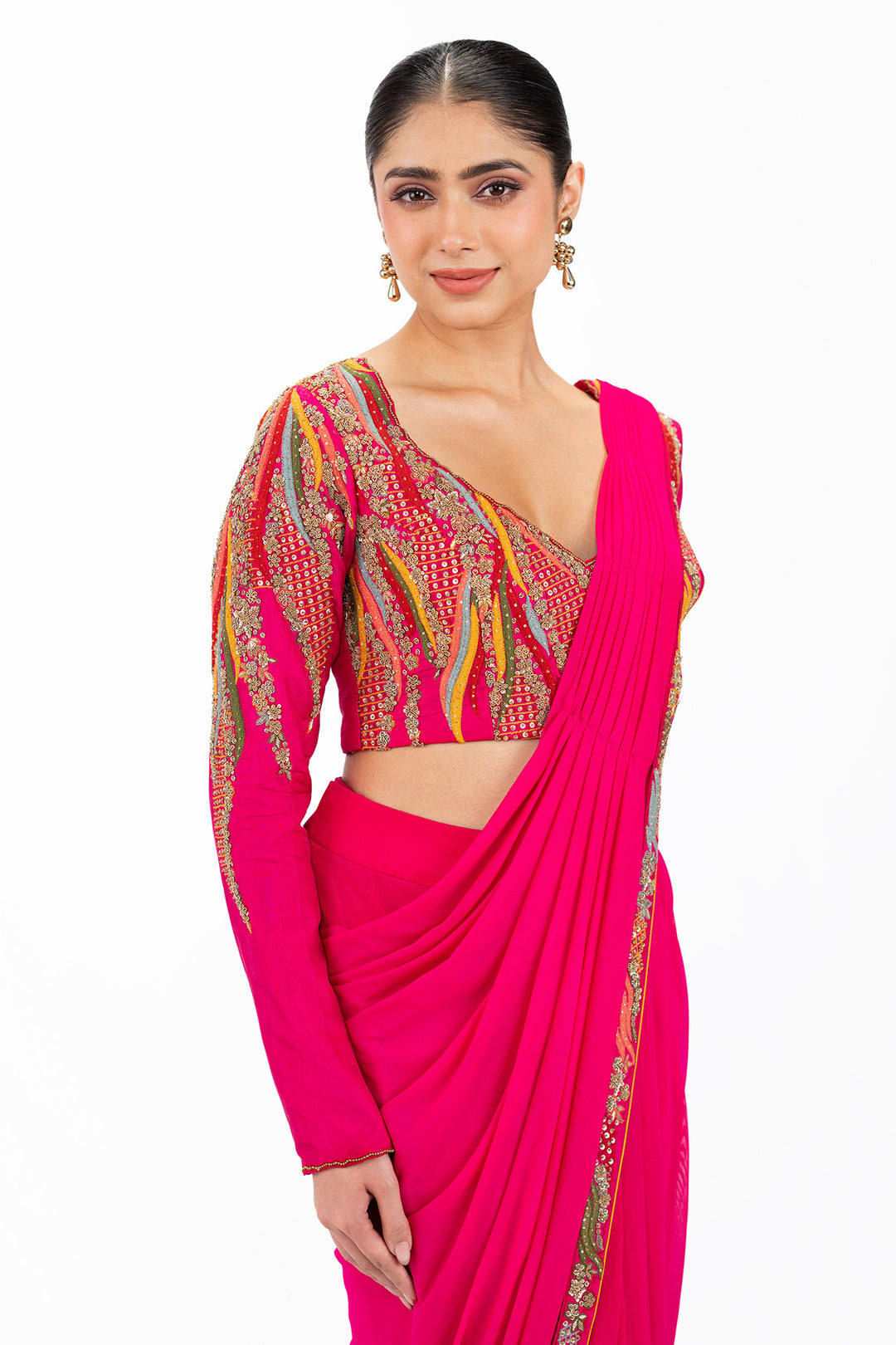 Multicolour Embellished Pre-stitched saree