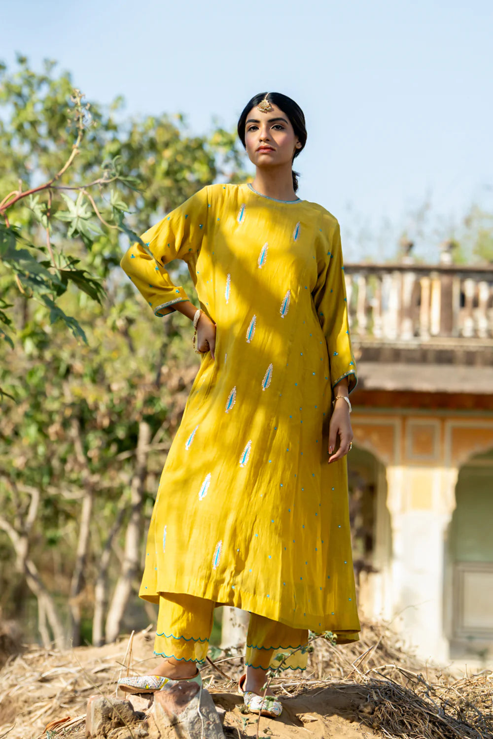 Mustard Khajur Booti Anarkali Suit Set