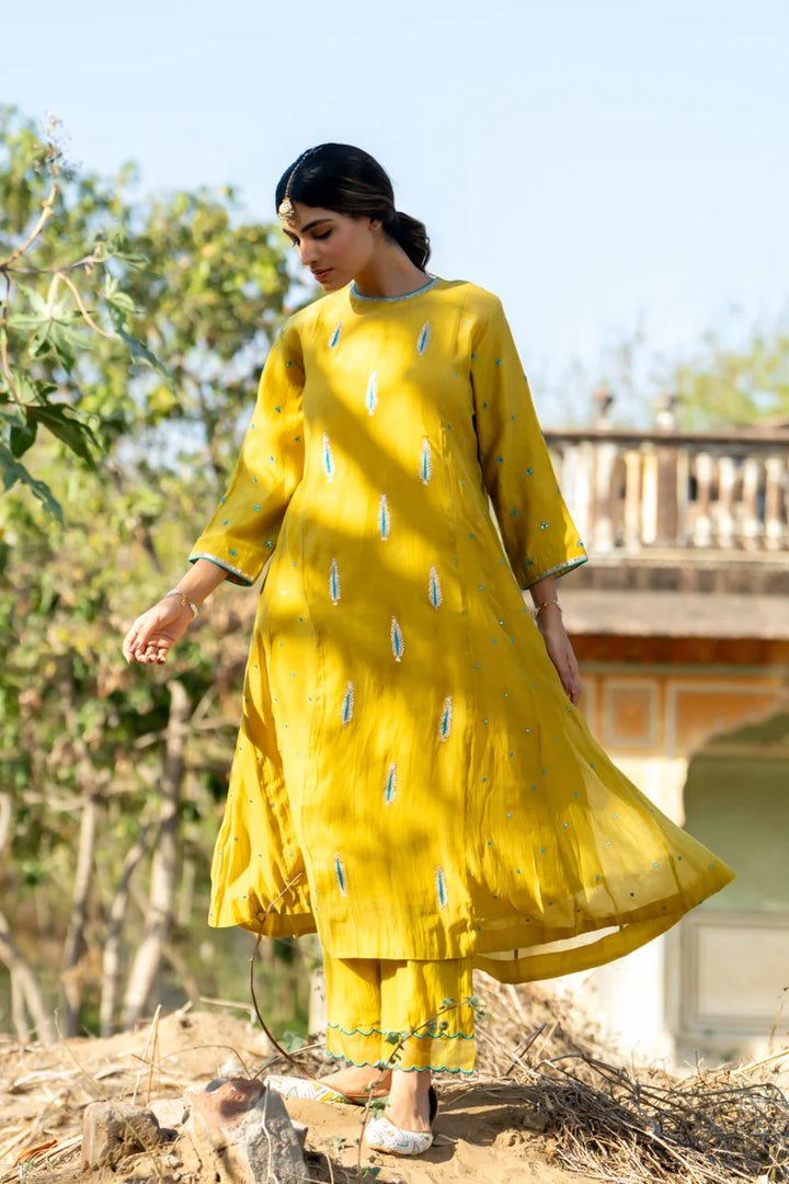 Mustard Khajur Booti Anarkali Suit Set