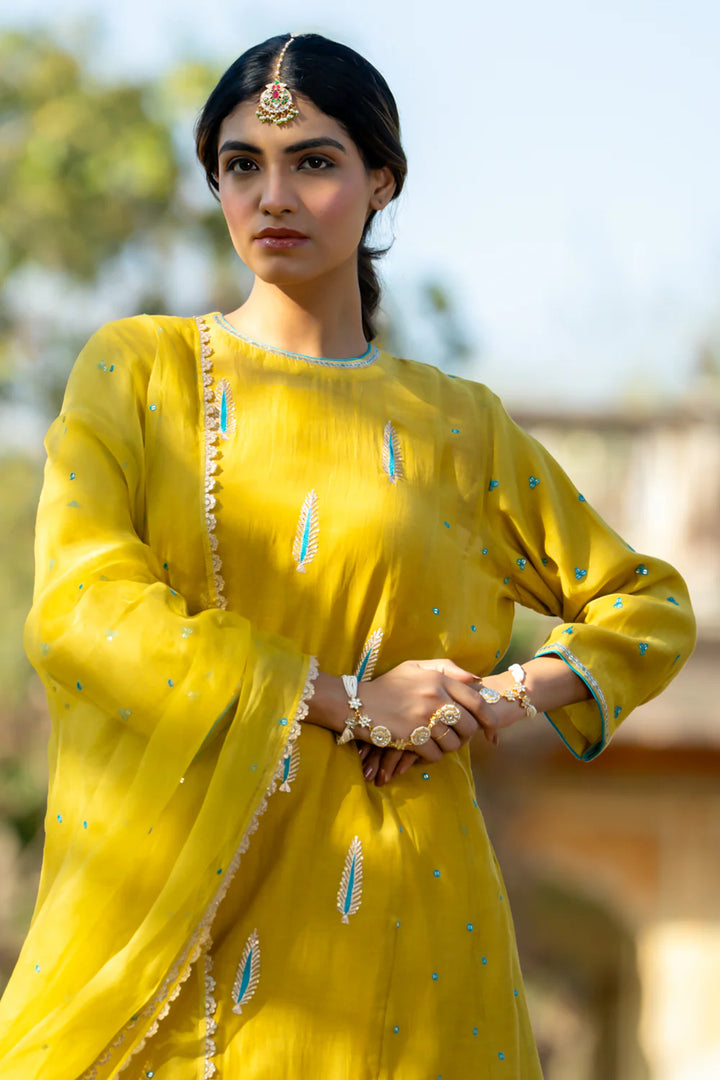 Mustard Khajur Booti Anarkali Suit Set