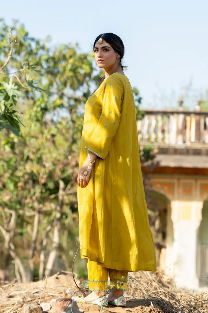 Mustard Khajur Booti Anarkali Suit Set