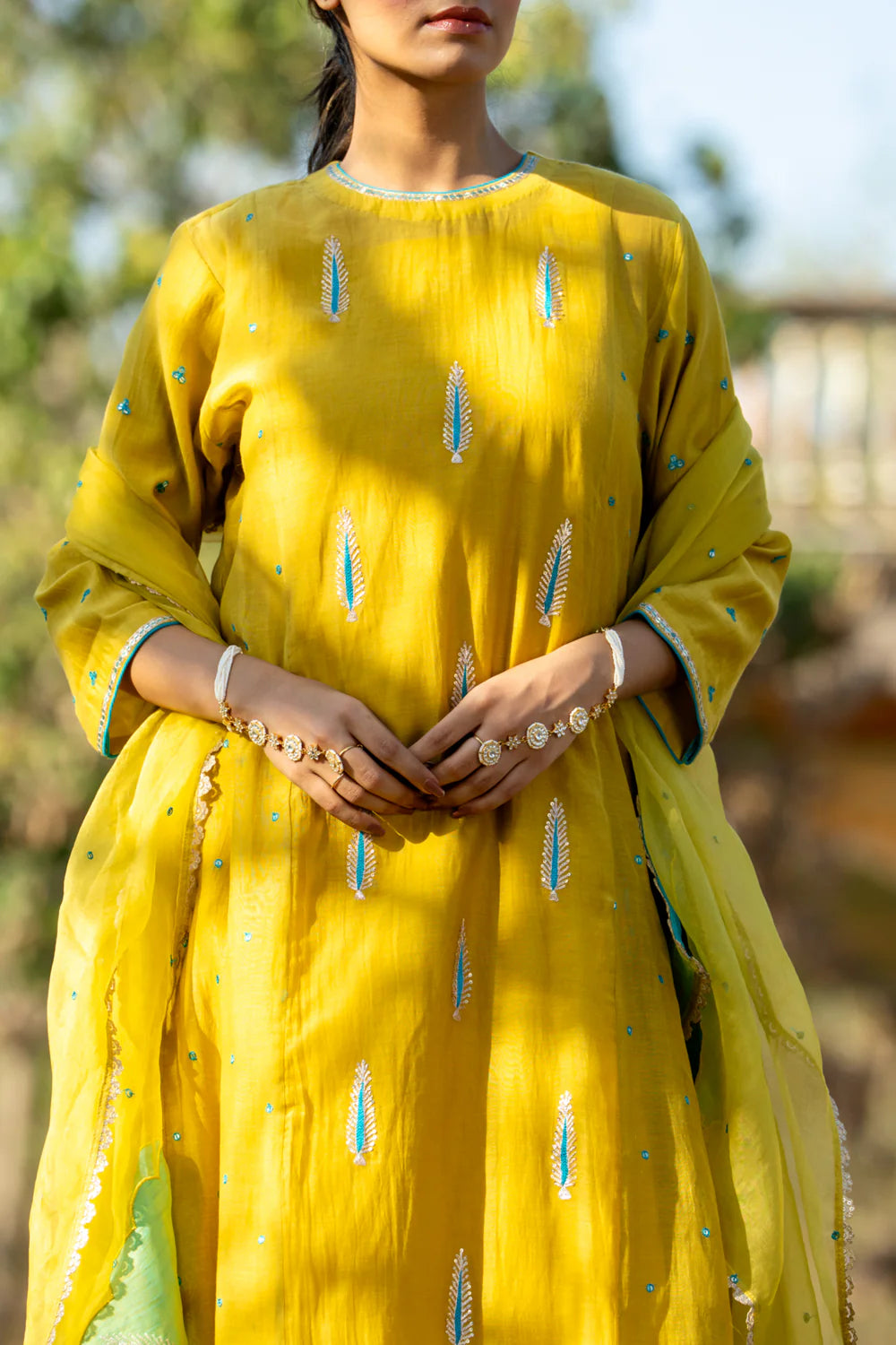 Mustard Khajur Booti Anarkali Suit Set