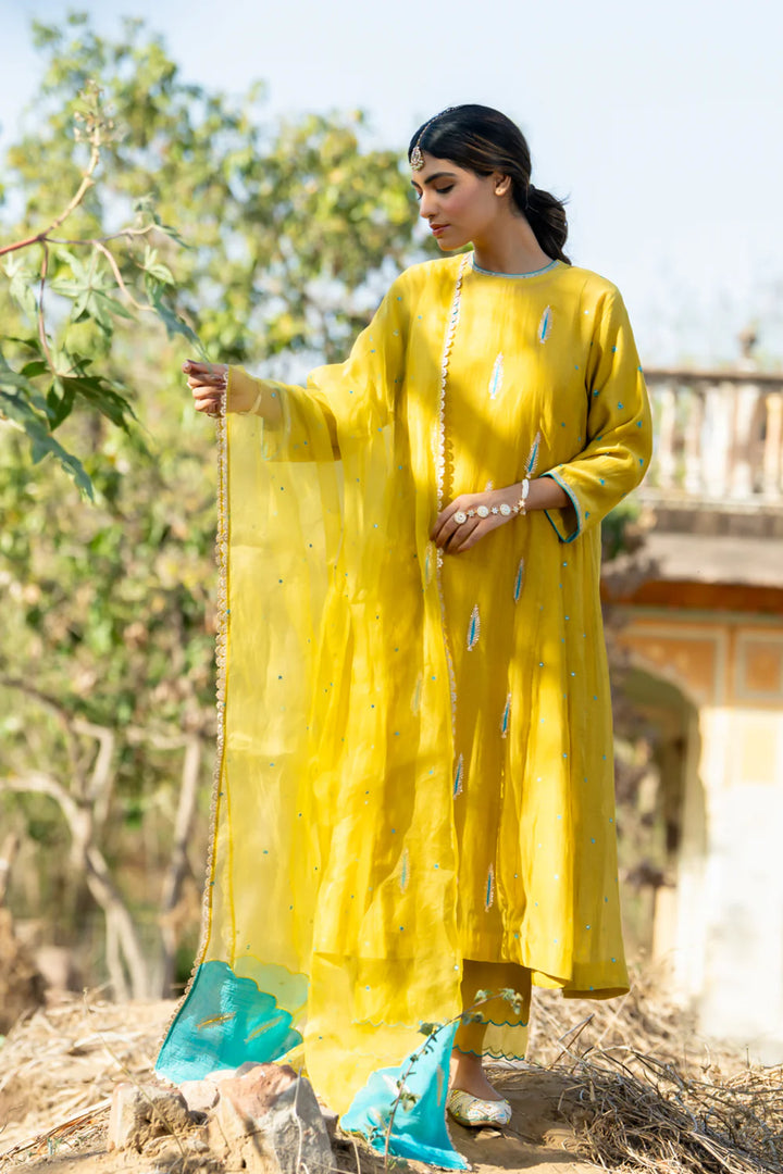 Mustard Khajur Booti Anarkali Suit Set