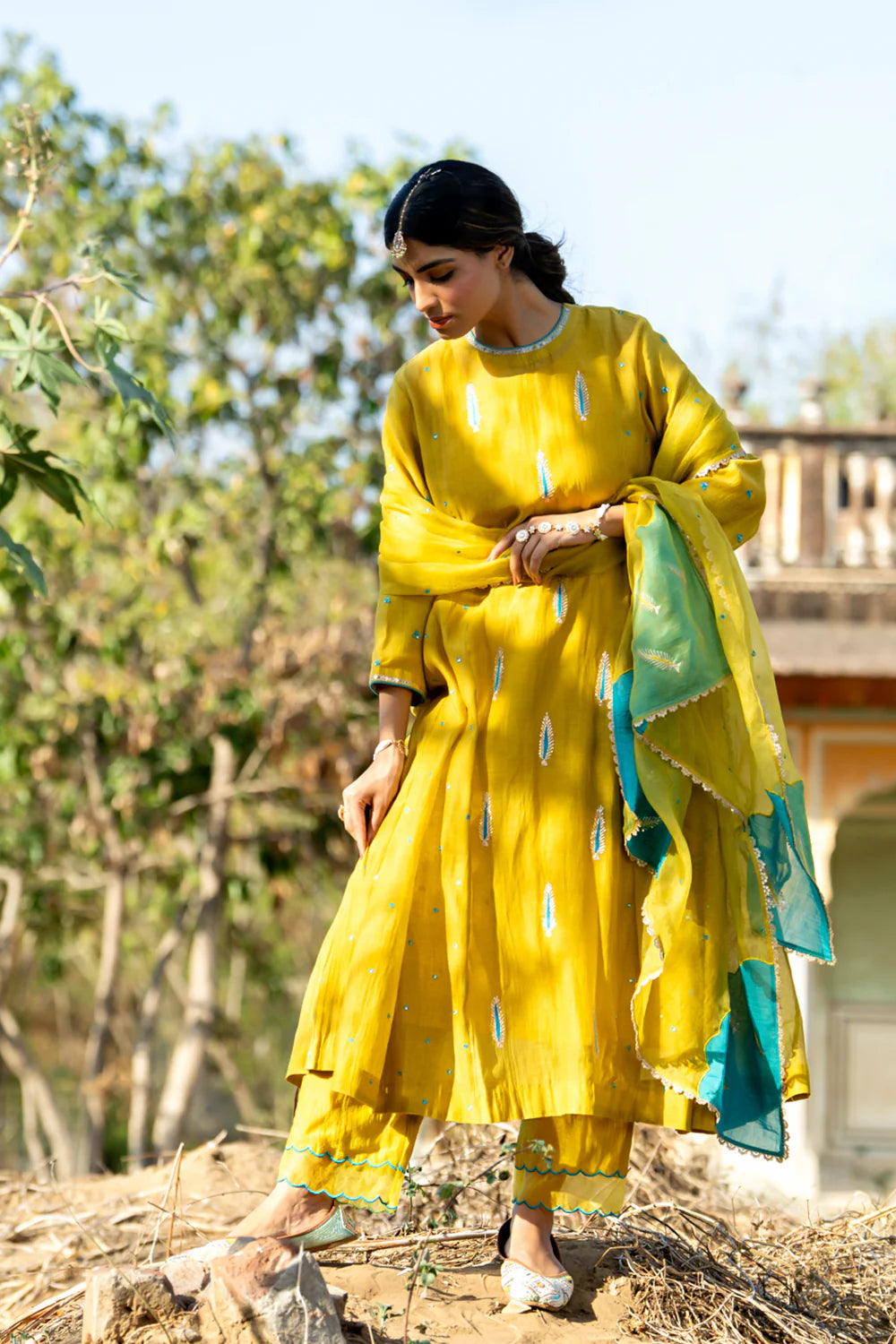 Mustard Khajur Booti Anarkali Suit Set