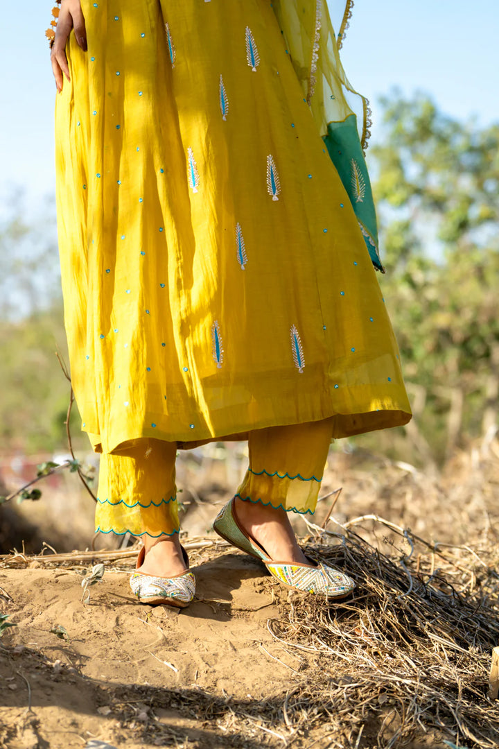 Mustard Khajur Booti Anarkali Suit Set