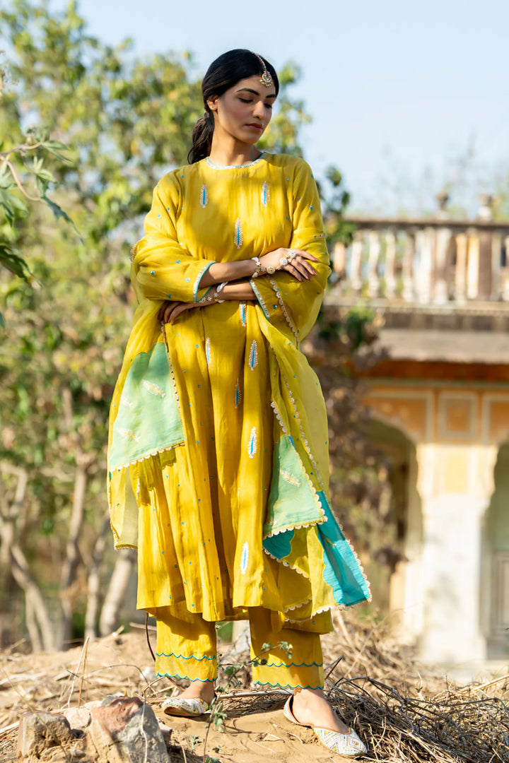 Mustard Khajur Booti Anarkali Suit Set