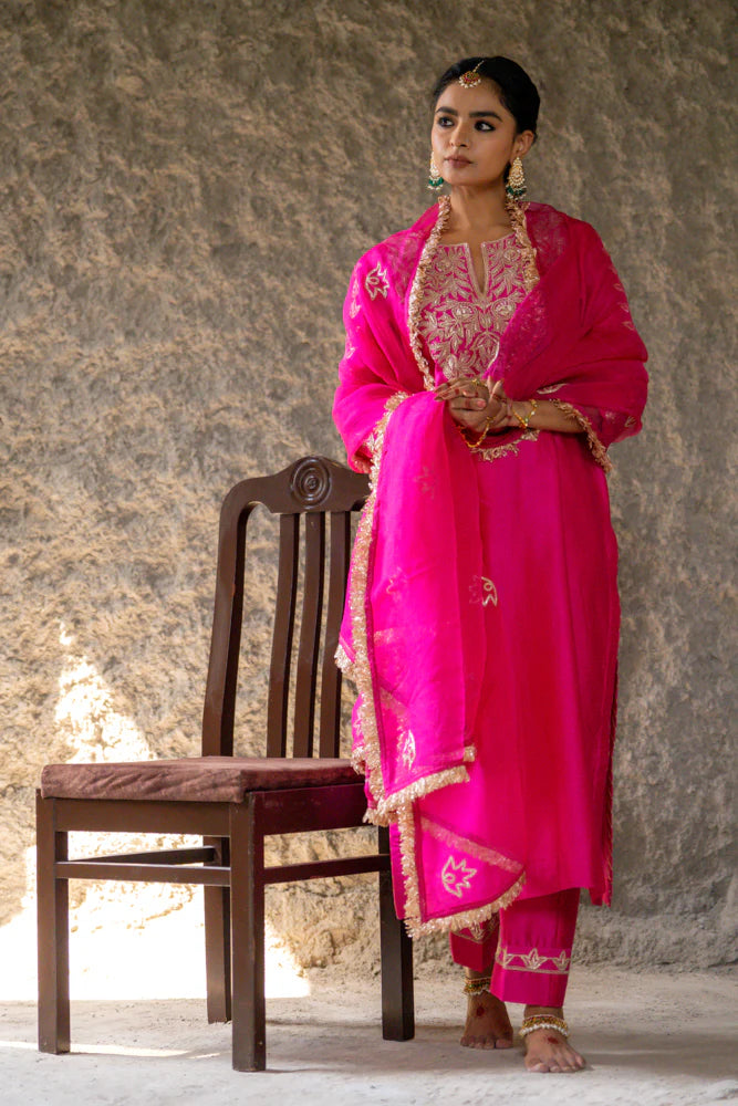 Magenta Marori Work Straight Kurta Set