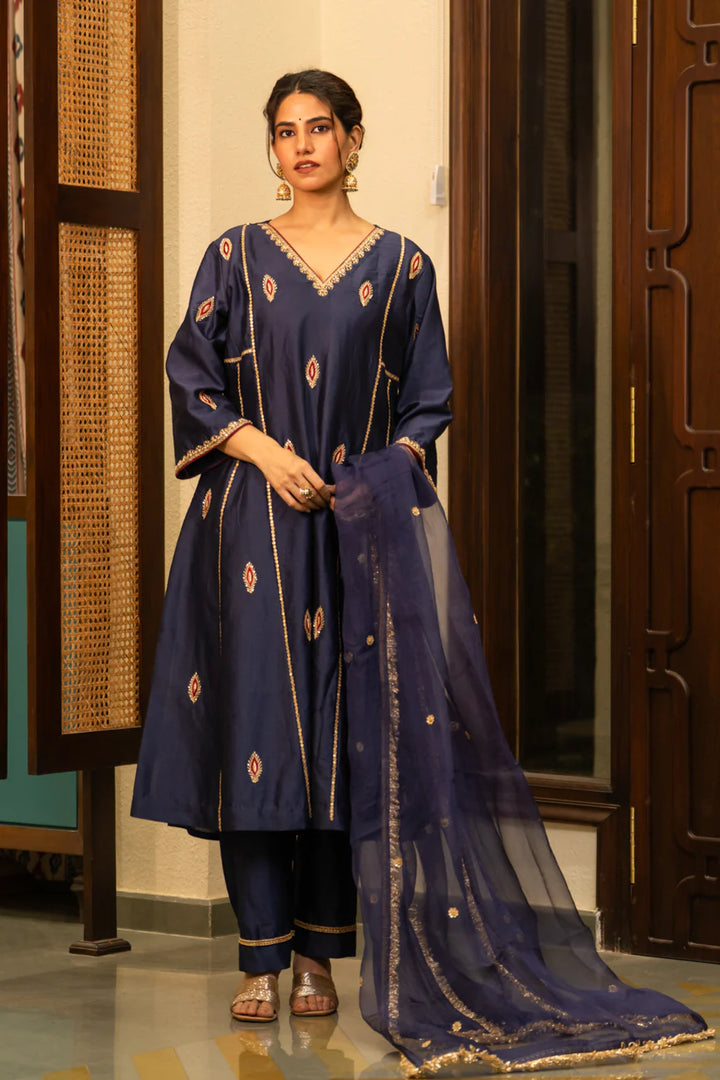 Mid Night Blue-Mor booti A-line Kurta Set