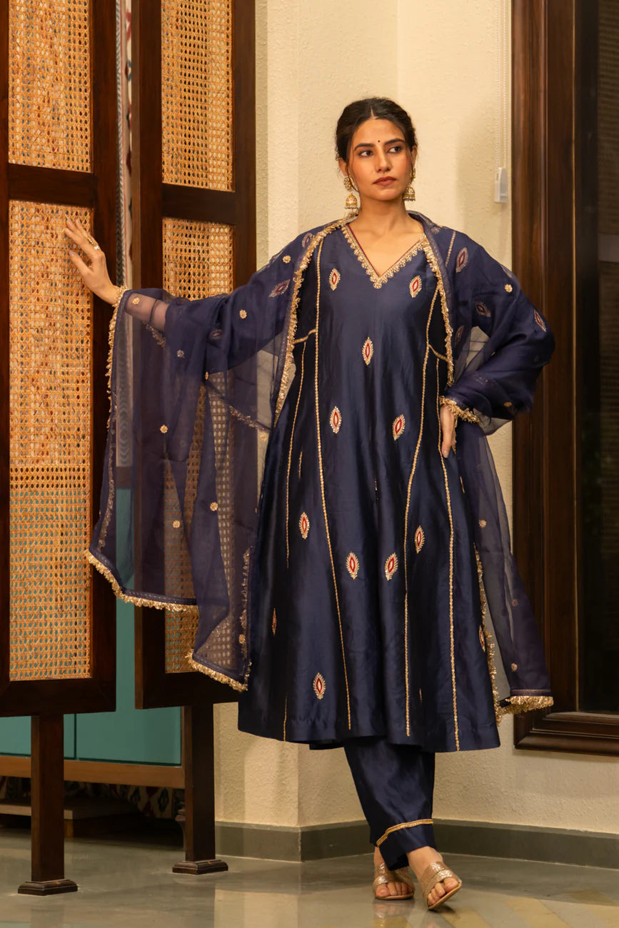 Mid Night Blue-Mor booti A-line Kurta Set