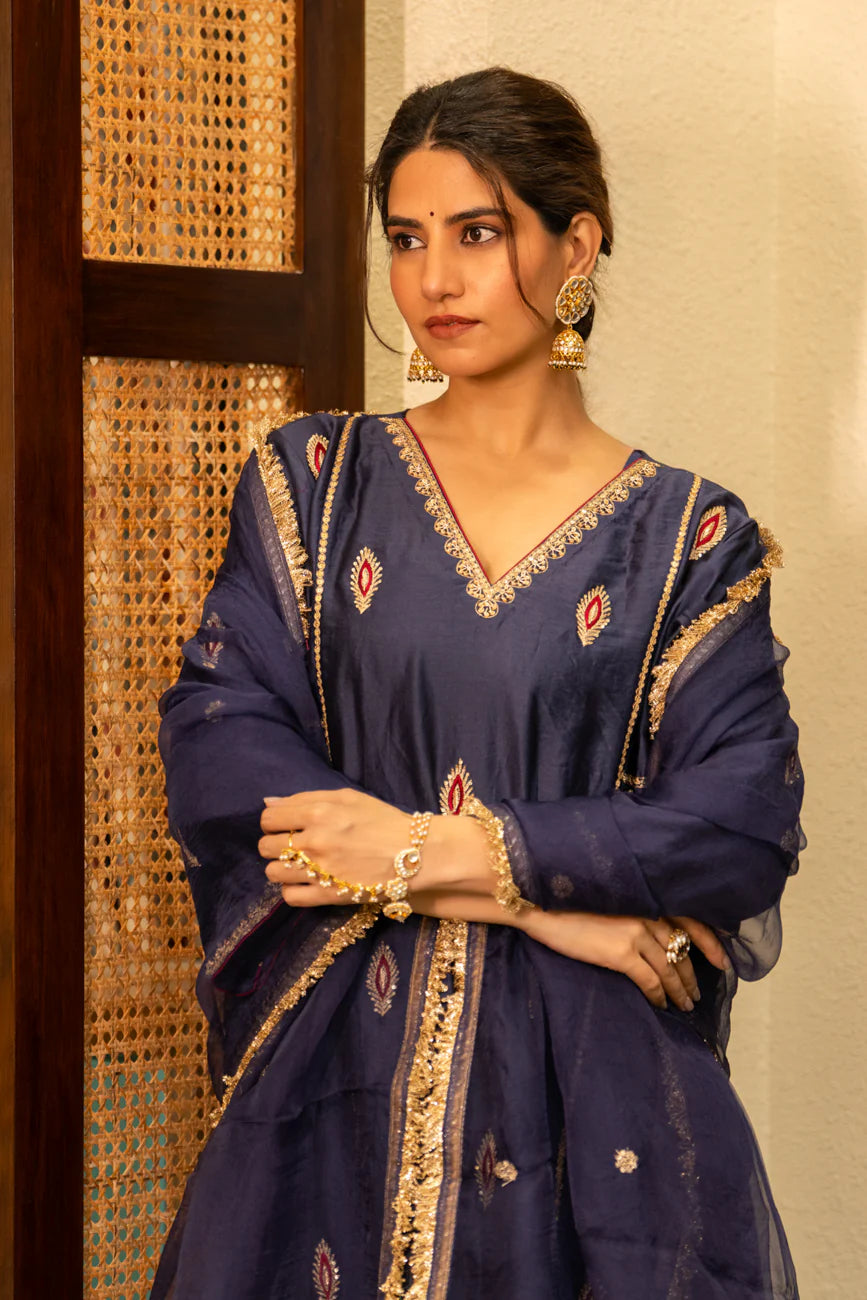 Mid Night Blue-Mor booti A-line Kurta Set