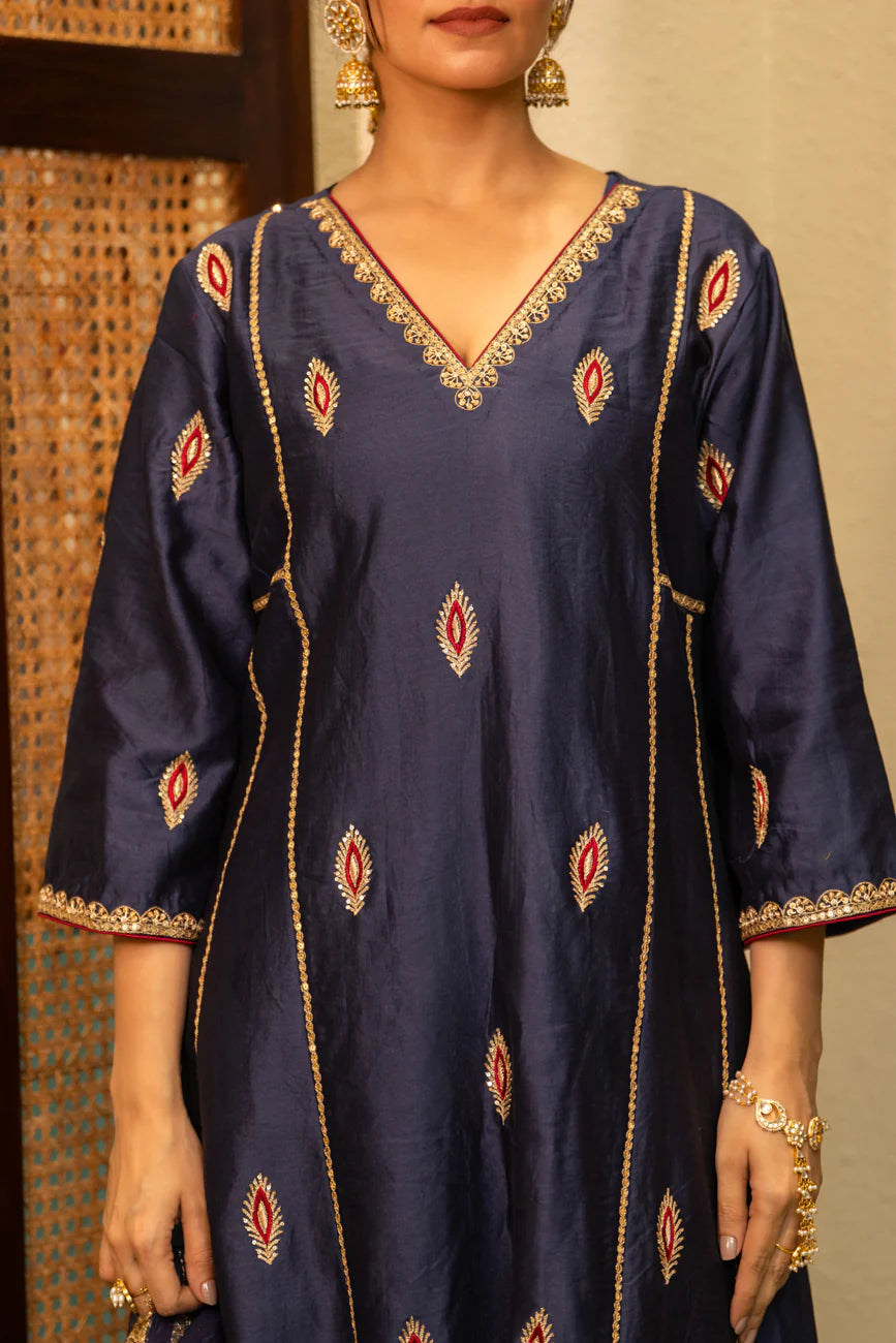 Mid Night Blue-Mor booti A-line Kurta Set