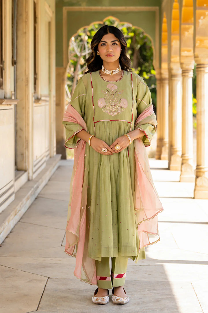Mint Poppy Motif A-line Kurta Set