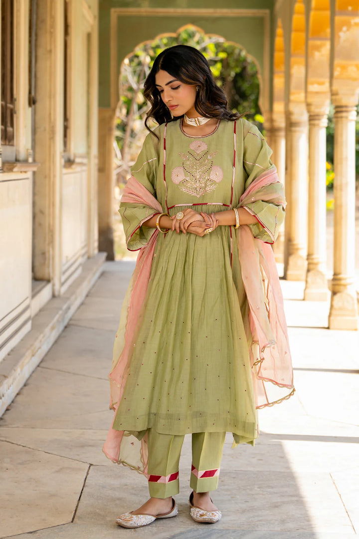 Mint Poppy Motif A-line Kurta Set