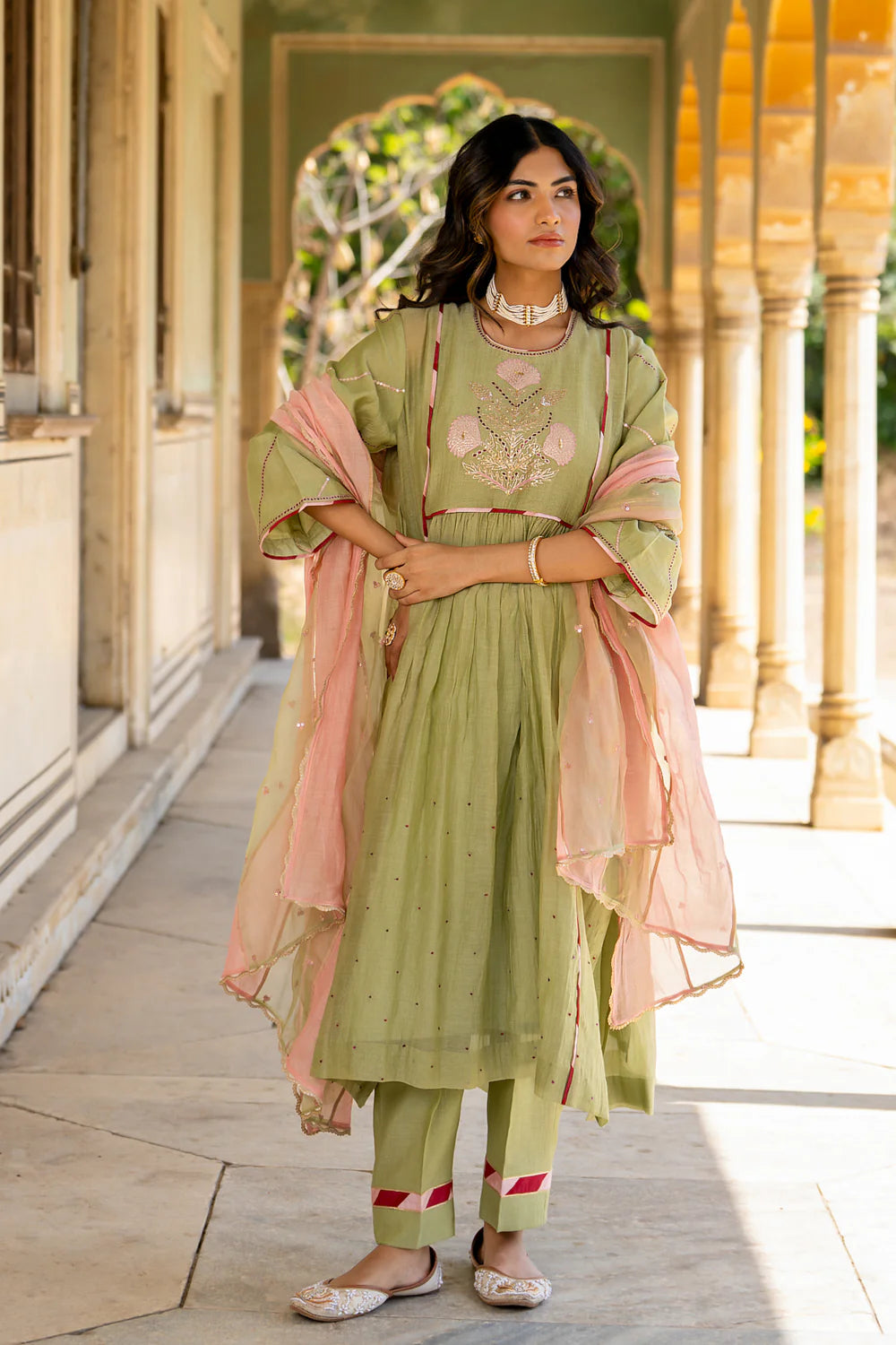 Mint Poppy Motif A-line Kurta Set