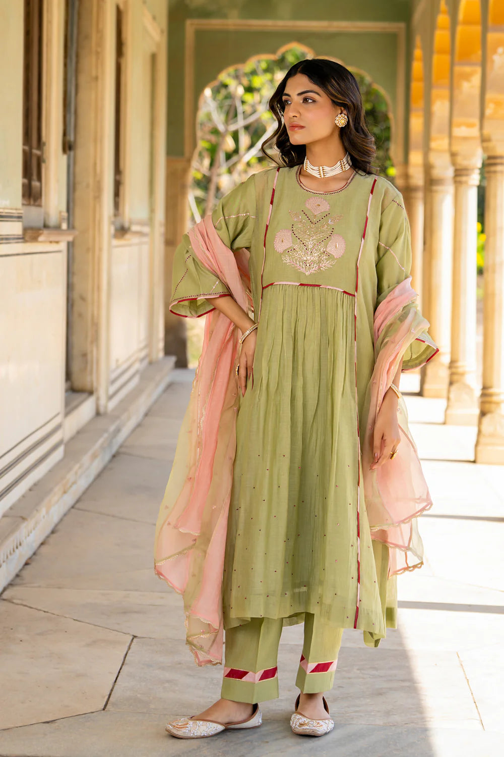 Mint Poppy Motif A-line Kurta Set