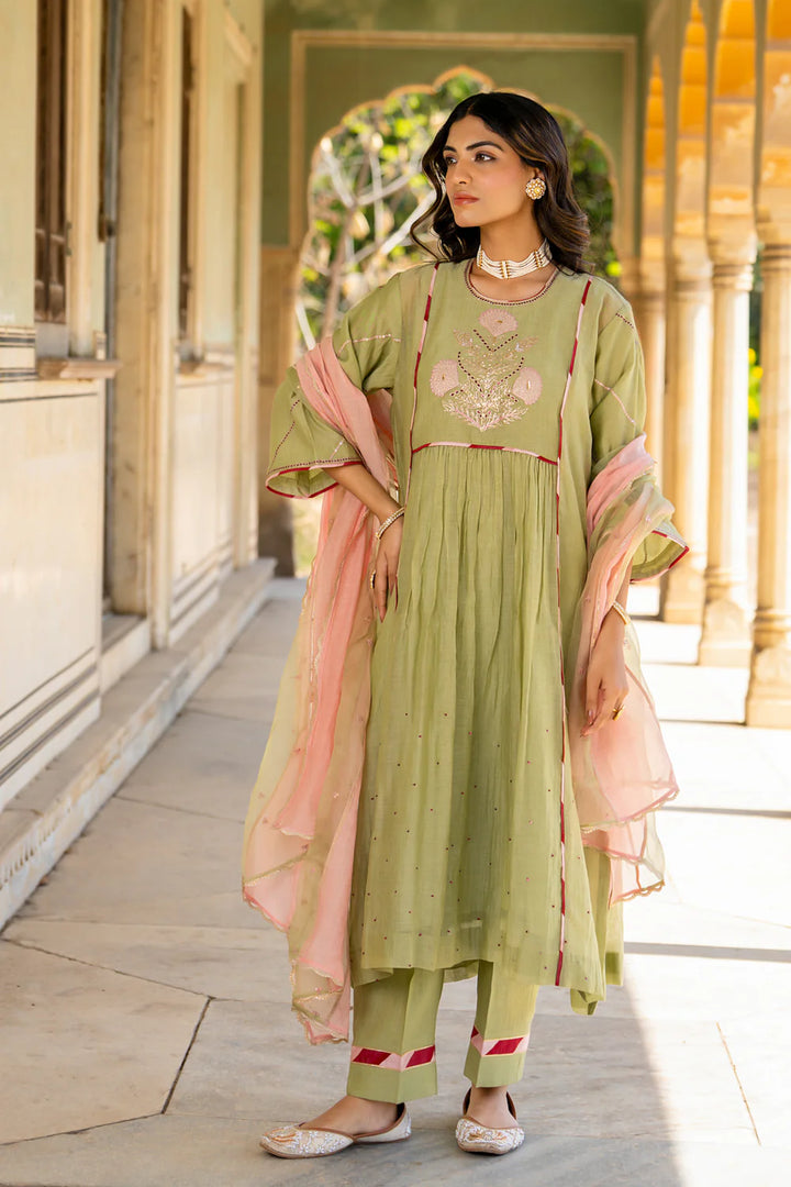 Mint Poppy Motif A-line Kurta Set