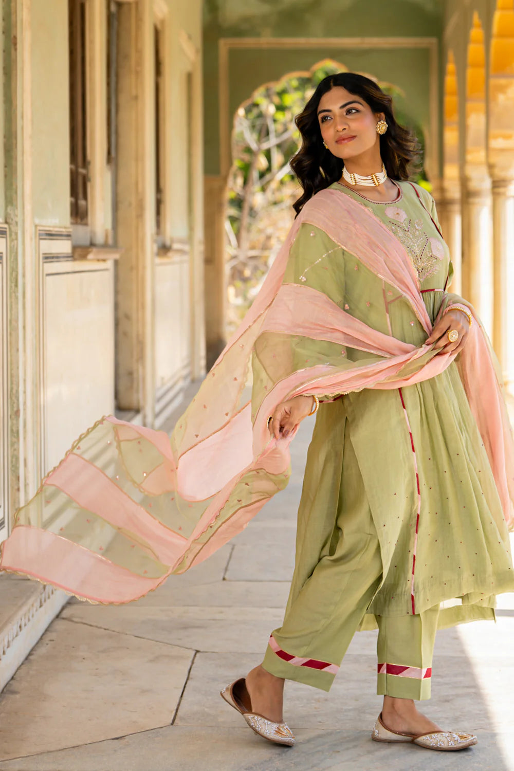 Mint Poppy Motif A-line Kurta Set