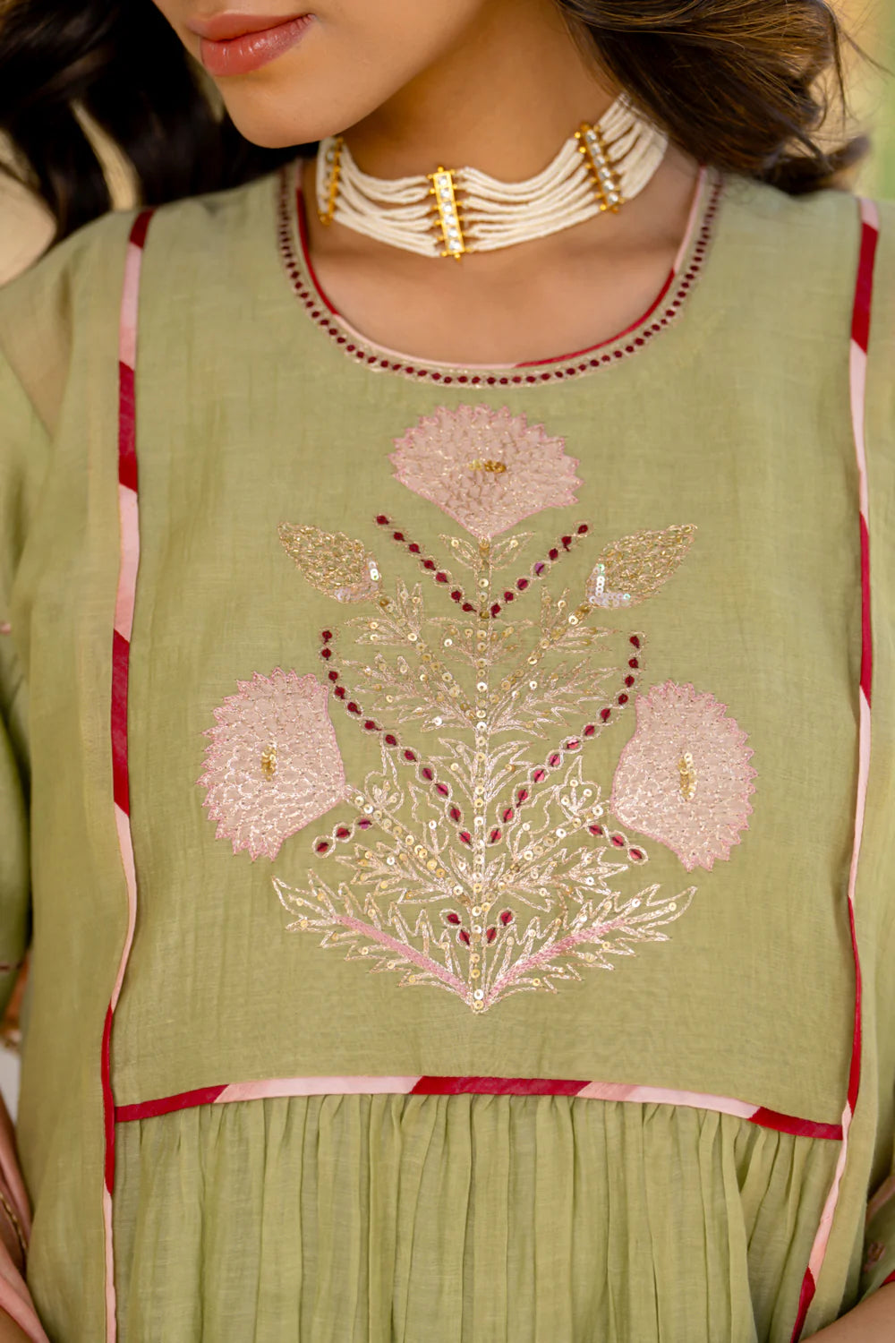 Mint Poppy Motif A-line Kurta Set